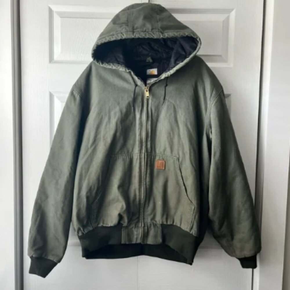 Vtg Carhartt Army Green Hooded Canvas Jacket Kanye West Size XLT